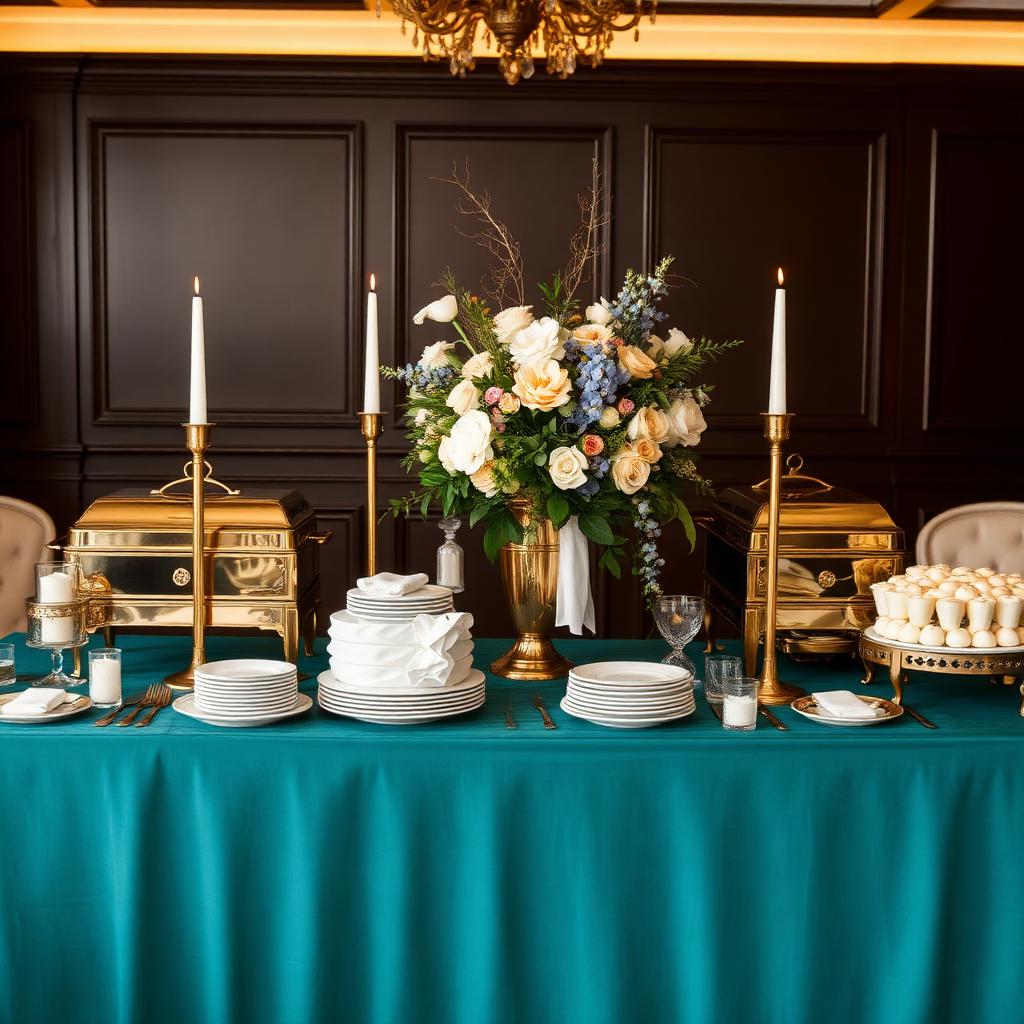 Mesa de buffet elegante com detalhes dourados