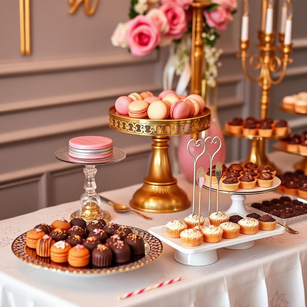 Mesa de doces com macarons e cupcakes